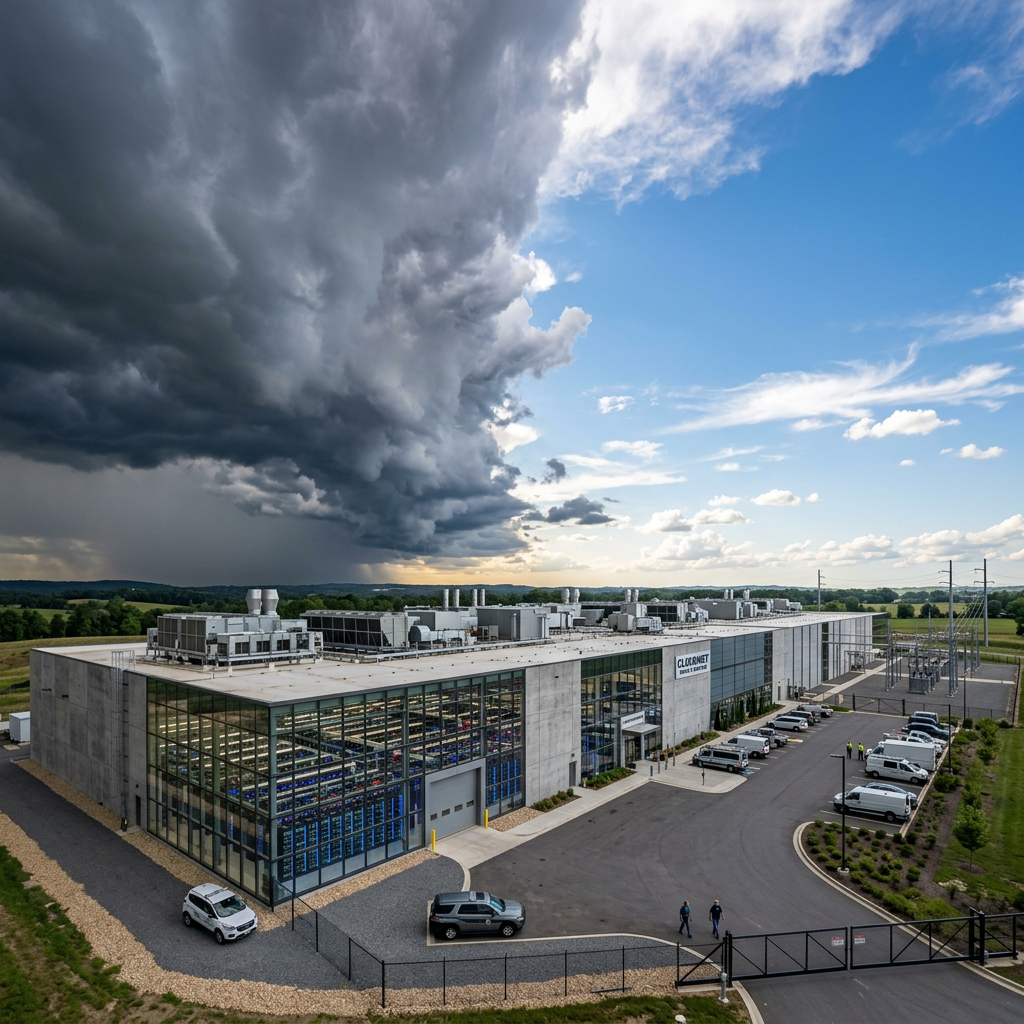 Large data center building with storm clouds on one side and clear sky on the other